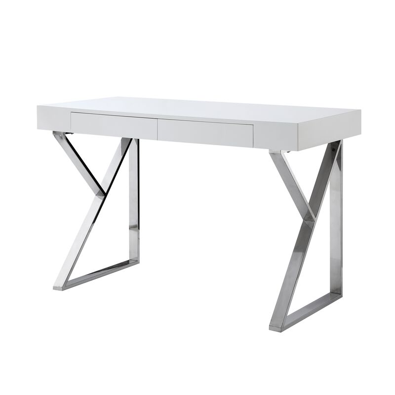 Inspired Home Octavia High Gloss Desk with Polished Stainless Steel Base