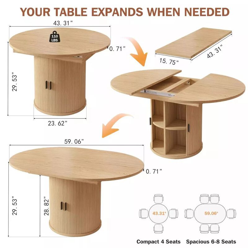 63" Extendable Round Kitchen Dining Room Table with 2-Tier Storage Shelf, with Pedestal Base