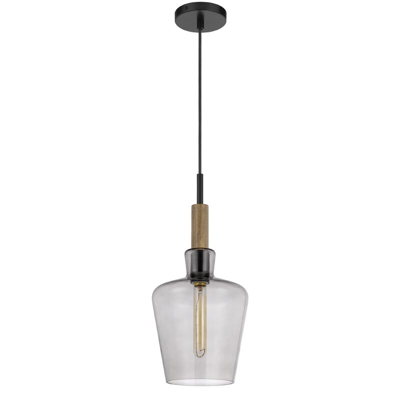 Pendant Light, Round Smoked Glass Shade, Brown Wood Accent, Black Metal image number 4