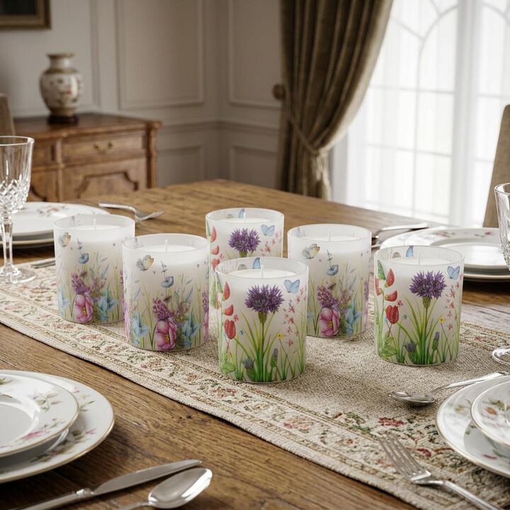 HomeRoots Set of Six Green White Green And Purple Floral Glass Tabletop Votive Candle Holders