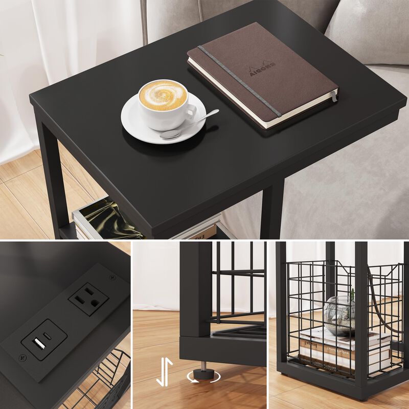 Vagusicc C Shaped End Table with Charging Station, Side Table for Couch, Small Side End Table for Small Spaces, 28"" High Slide