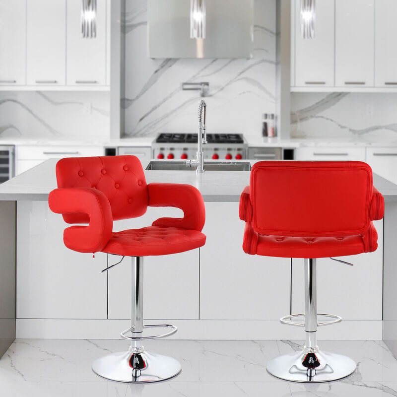 Elama Faux Leather Tufted Bar Stool in Red with Chrome Base and Adjustable Height image number 2