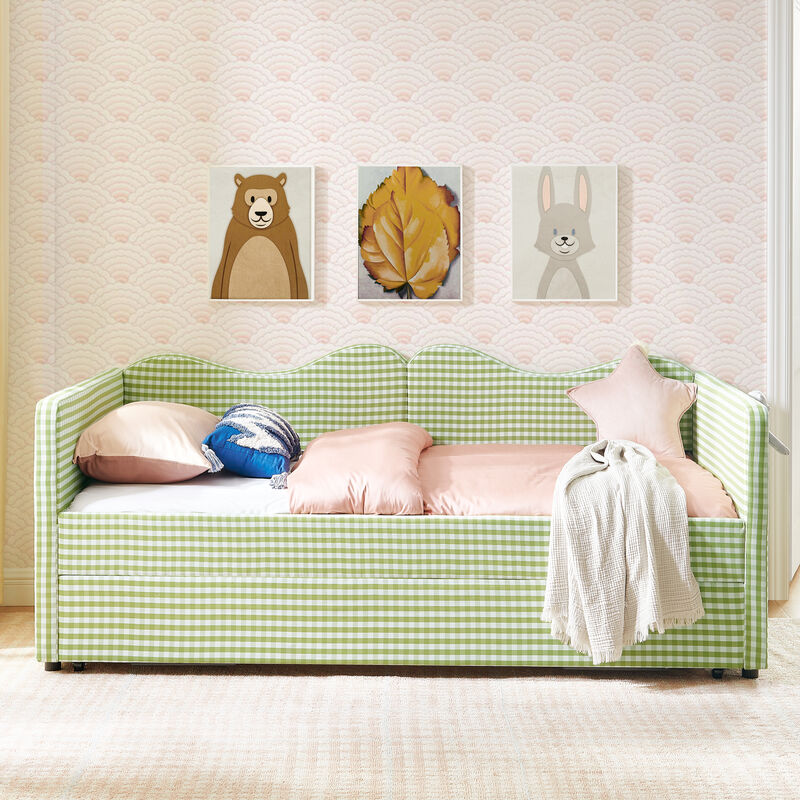 Merax Gingham Daybed with Trundle & Guardrails &ndash; Solid Wood Frame, Side Storage Pocket image number 3