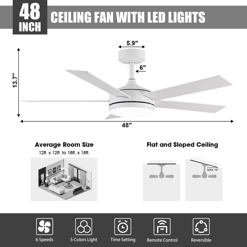 48 in. Smart Matte White Integrated LED Dimmable Reversible Blades Ceiling Fan with Light and APP Control & Remote