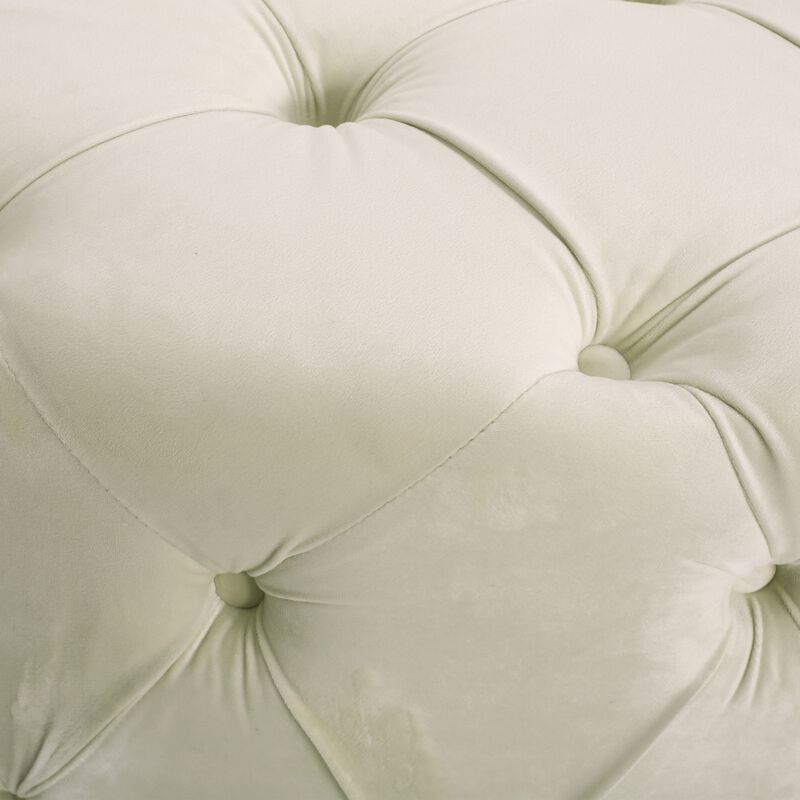 Vivan Ottoman, Tufted Beige Velvet, Soft Cushions, Round 40 Inch Top - Benzara