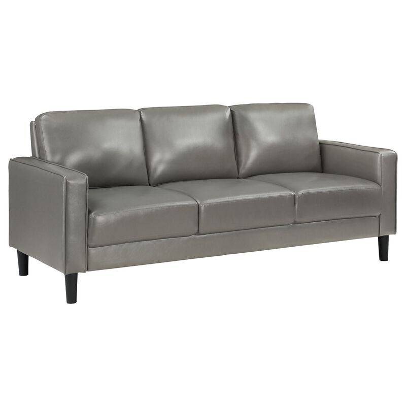Rumi Sofa, Gray Faux Leather, Modern Track Arms, Foam Cushions