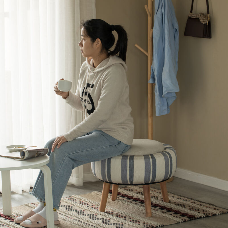Modern Striped Round Fabric Ottoman with Inner Storage , White and Blue