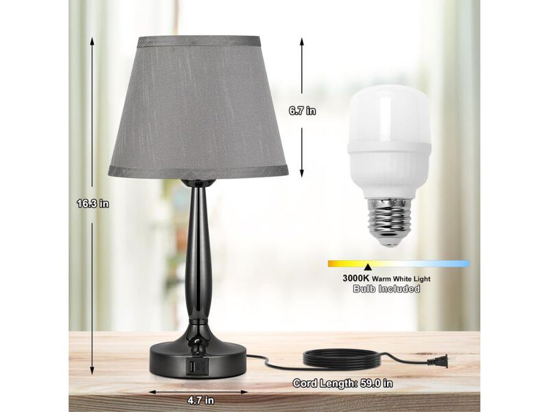 Touch Table Lamp with USB C and 3 Way Dimmer for Bedroom