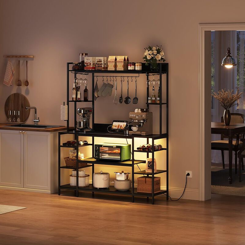 Large Bakers Rack with LED Lights & Power Outlet, 55" Wide Microwave Stand, 6-Tier Kitchen Racks and Shelves, Wine Glass Holder, 11 Hooks with App Control image number 8