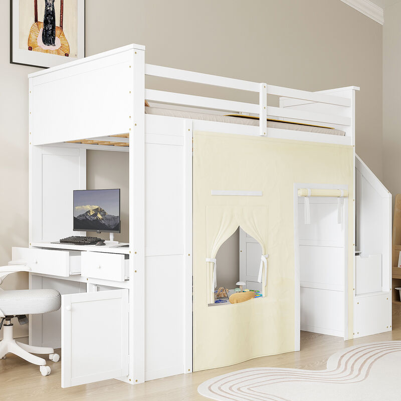 Merax Twin Size White Loft Bed with Desk, Storage Staircase, Drawers & Blackout Curtain image number 3