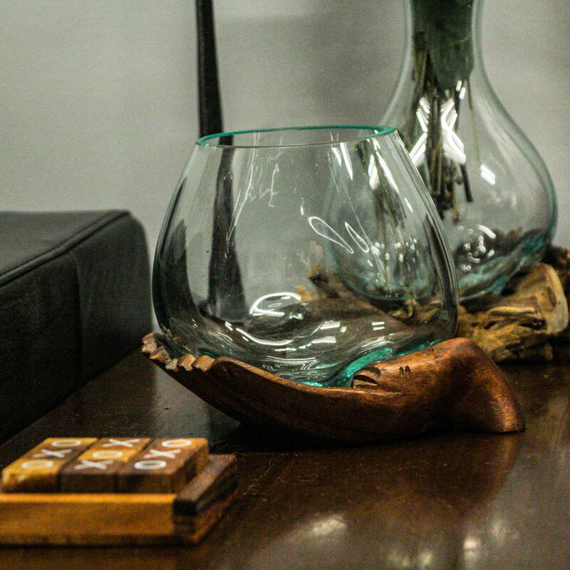 Blown Molten Glass and Carved Wood Hands Decorative Bowl image number 7