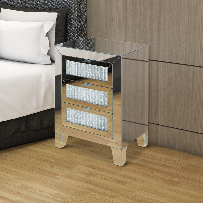 Contemporary Style Wooden Mirrored Night Table with 3 Drawers, Silver-Benzara