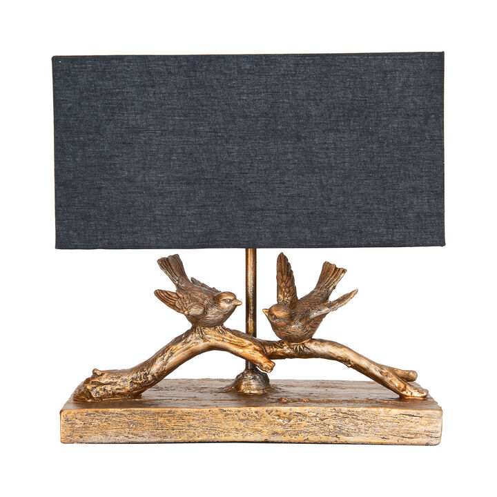 Rustic Resin Bird Table Lamp with Black Rectangle Shade, Gold Finish