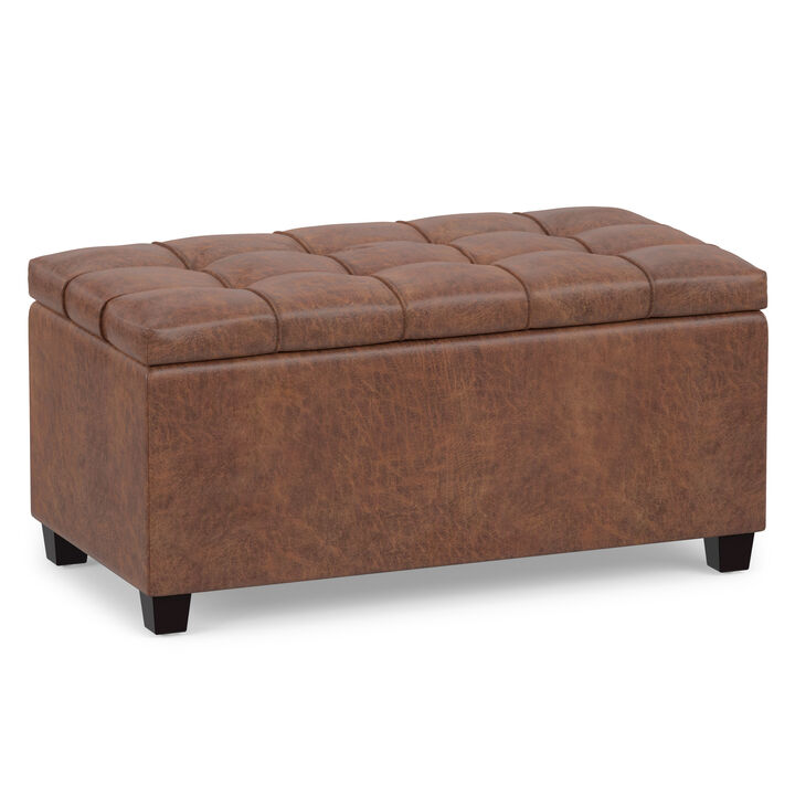 Sienna 33 inch Wide Transitional Rectangle Storage Ottoman Bench in Distressed Saddle Brown Vegan Faux Leather, Assembled