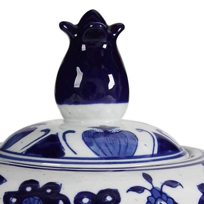 10 Inch Lidded Jar, Round Persian Floral Print, Blue and White Porcelain - Benzara