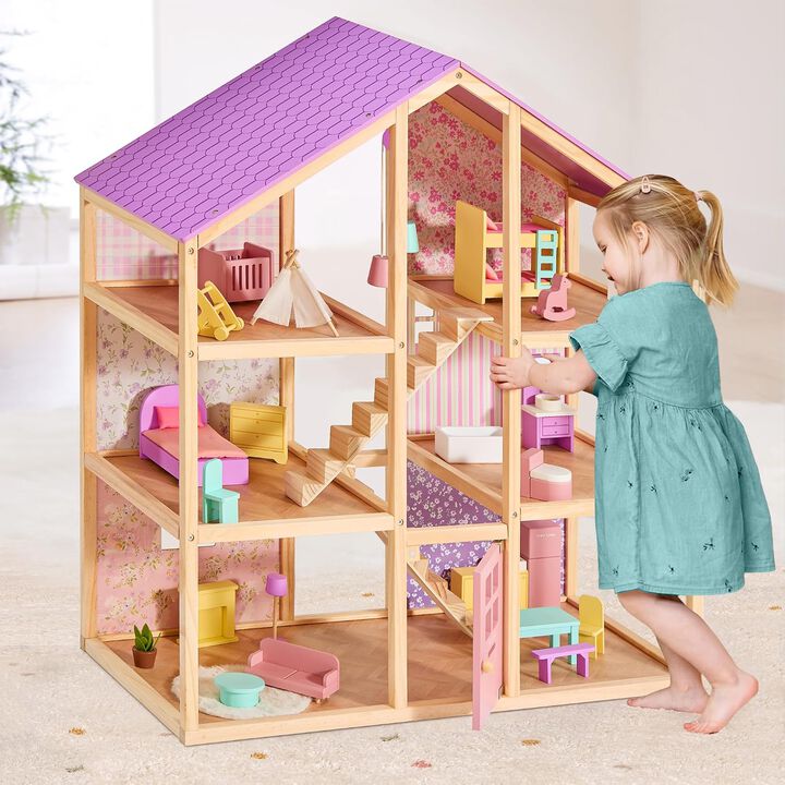 Wooden Dollhouse - 6 Rooms Wooden Doll House, DIY Pretend Doll House with 31Pcs Furniture Accessories, Creative Gift for Girl