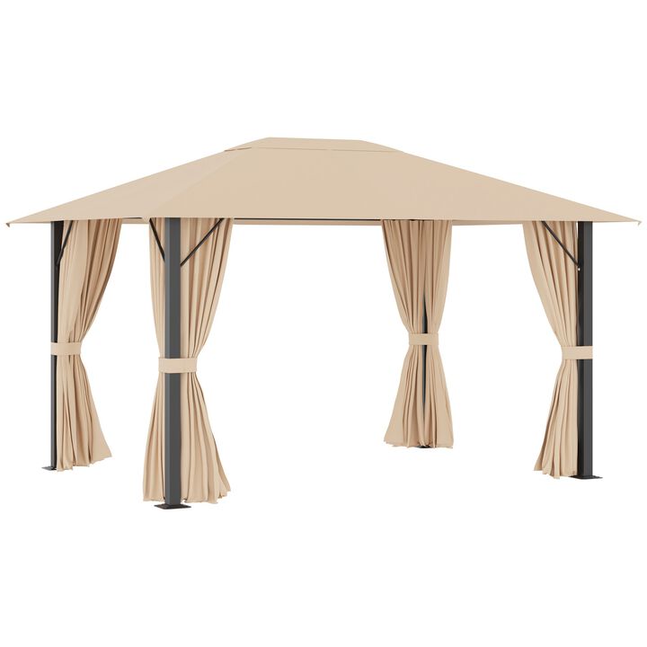 10' x 13' Patio Gazebo Aluminum Frame Outdoor Canopy Shelter with Sidewalls, Vented Roof for Garden, Lawn, Backyard and Deck, Brown