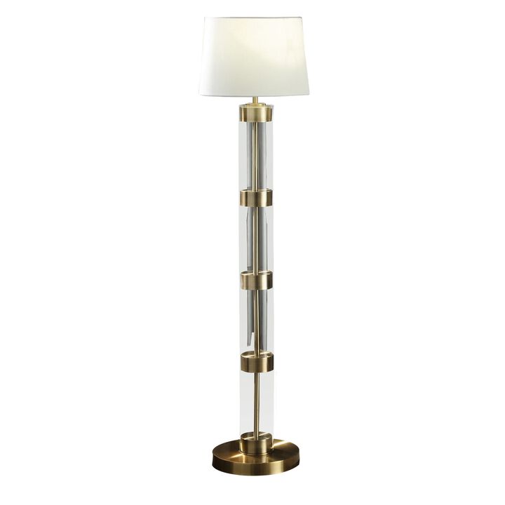 Kria 60 Inch Floor Lamp, Clear Glass Stand, Metal Bands, Antique Brass-Benzara