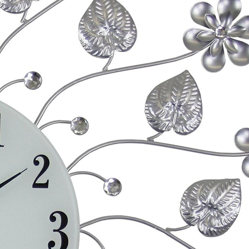 HomeRoots 27" Silver White And Black Metal and Glass Silent Analog Floral Round Wall Clock image number 2