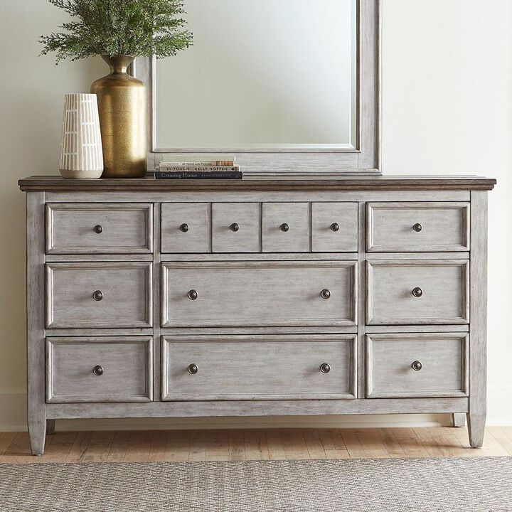 Liberty Furniture Heartland 9 Drawer Dresser in Antique White w/ Tobacco Top