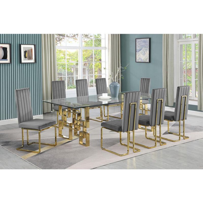 9-piece glam dining set with 8 Dark grey chairs and one 95" glass  table