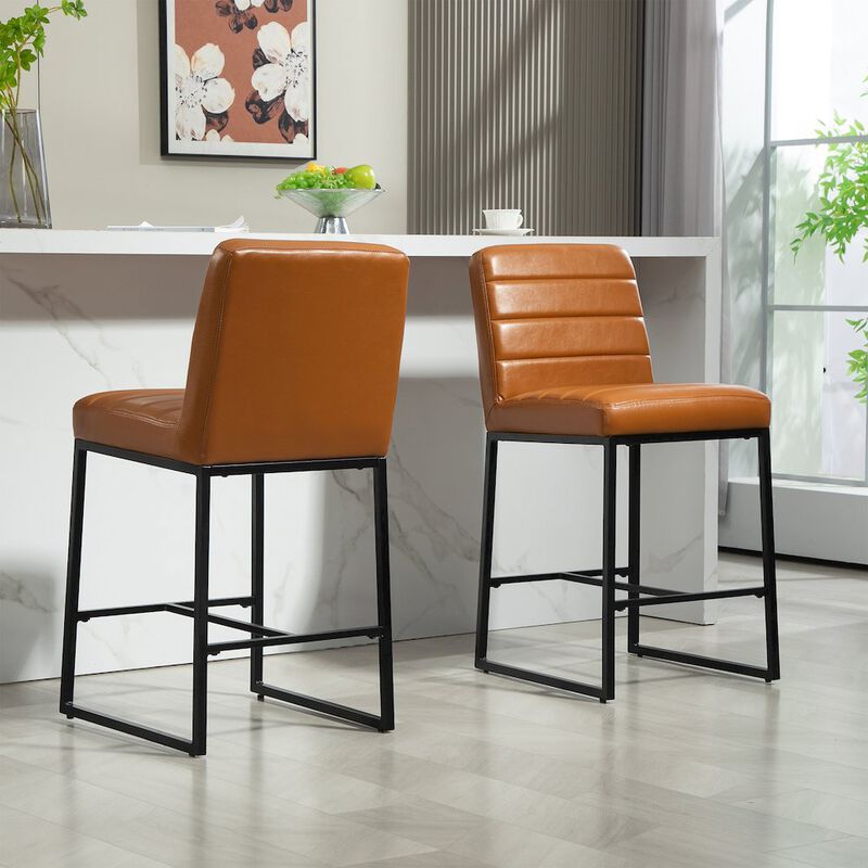 Glamour Home Set of 2 Belisario Light Brown Faux Leather Counter Stool with Black Metal Legs