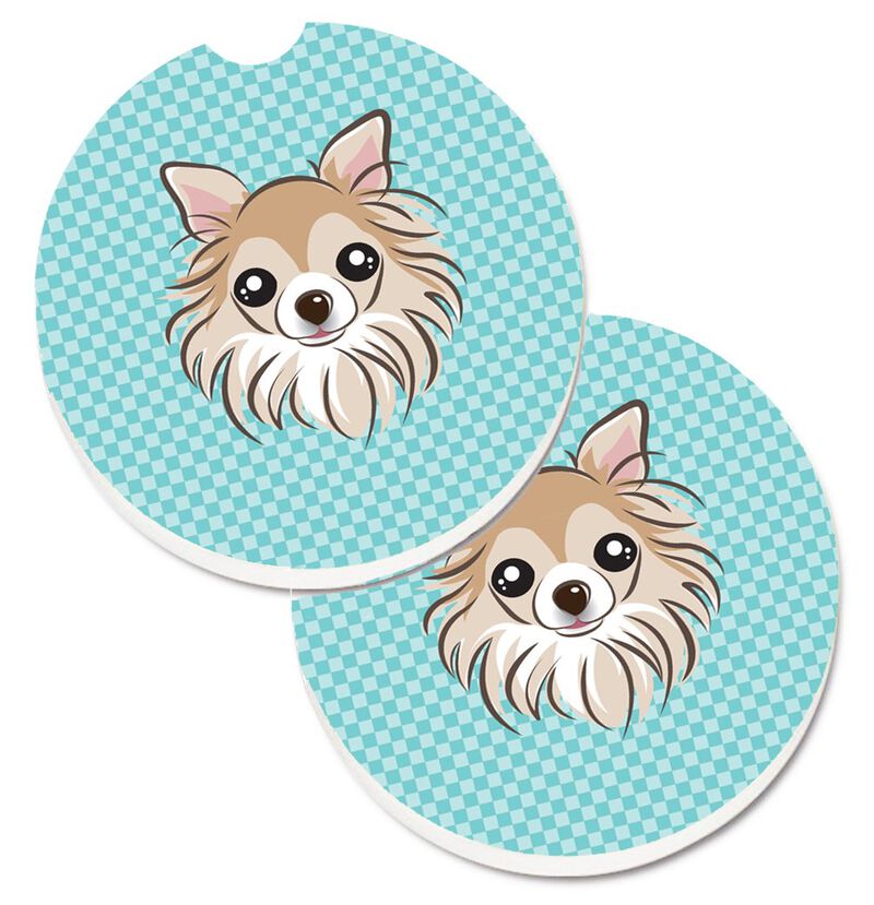 Caroline's Treasures Checkerboard Blue Chihuahua Set of 2 Cup Holder Car Coasters BB1189CARC, 2.56, Multicolor