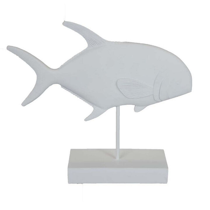 Owa Fish Accent Sculpture, Resin Tabletop Decor on Stand, Classic White - Benzara