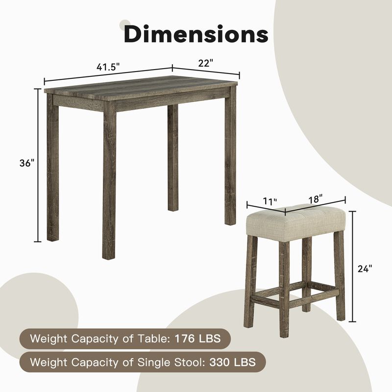 3-Piece Bar Table and Chairs Set Tall Dining Table with Upholstered Bar Stool for Living Room Kitchen
