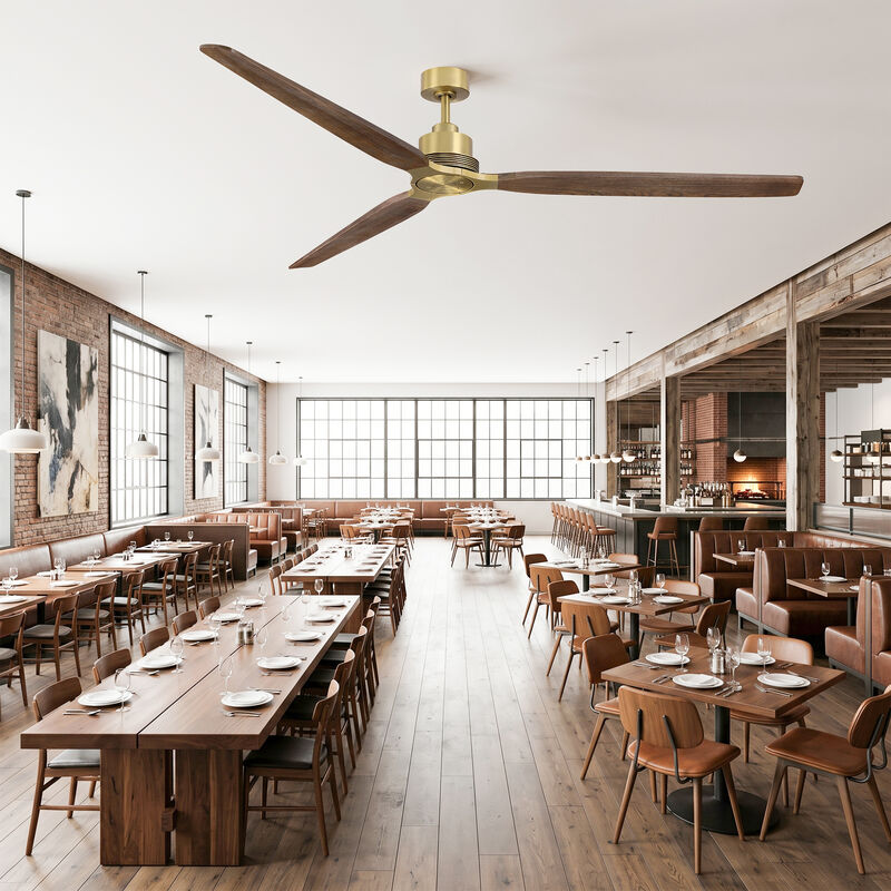 84" Mid Century Modern Natural Brass Solid Wood 6 Speed Extra Large Ceiling Fan No Light with Remote Control image number 3