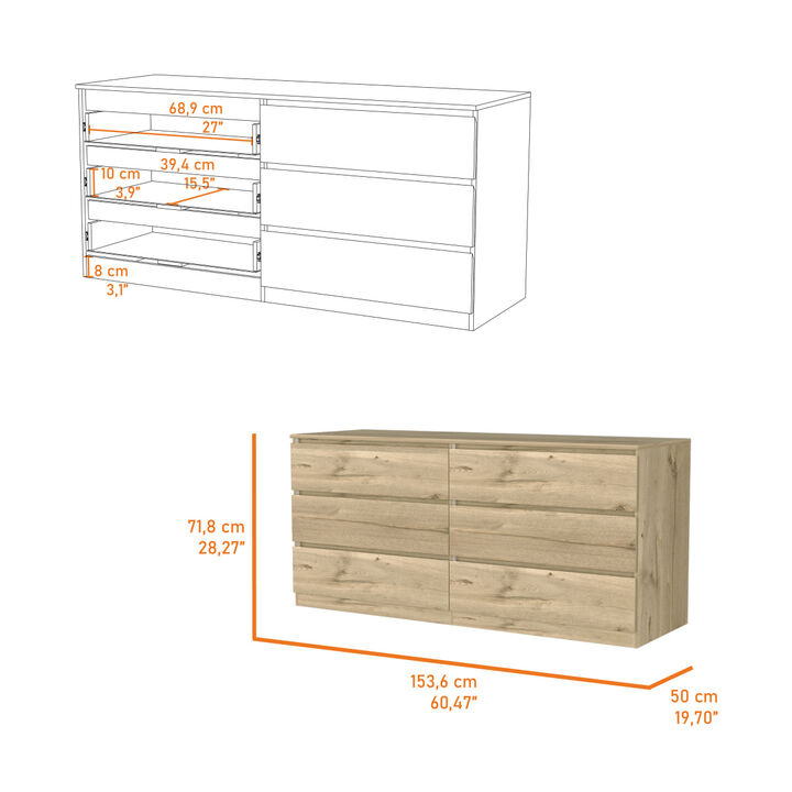 Waterville 6-Drawer Rectangle Dresser Light Oak and White