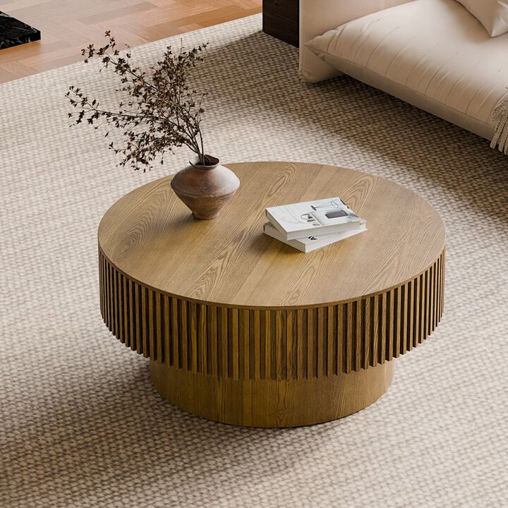 Round coffee table with storage Solid wood veneer and MDF coffee table with fluted base Modern accent coffee table for small spaces