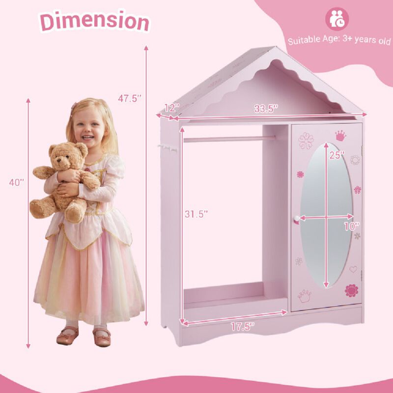 Kids Wardrobe Closet with Mirror, Dress Up Storage with Open Hanging Rack image number 2