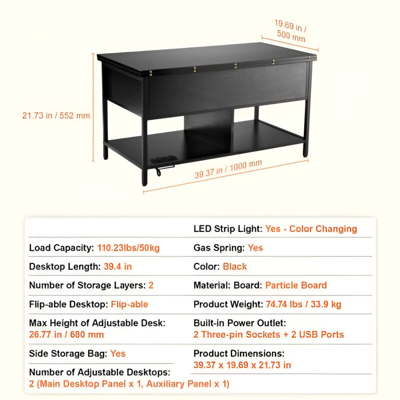 Rectangle Coffee Table with Storage Drawers and Charging Station & USB & LED Light