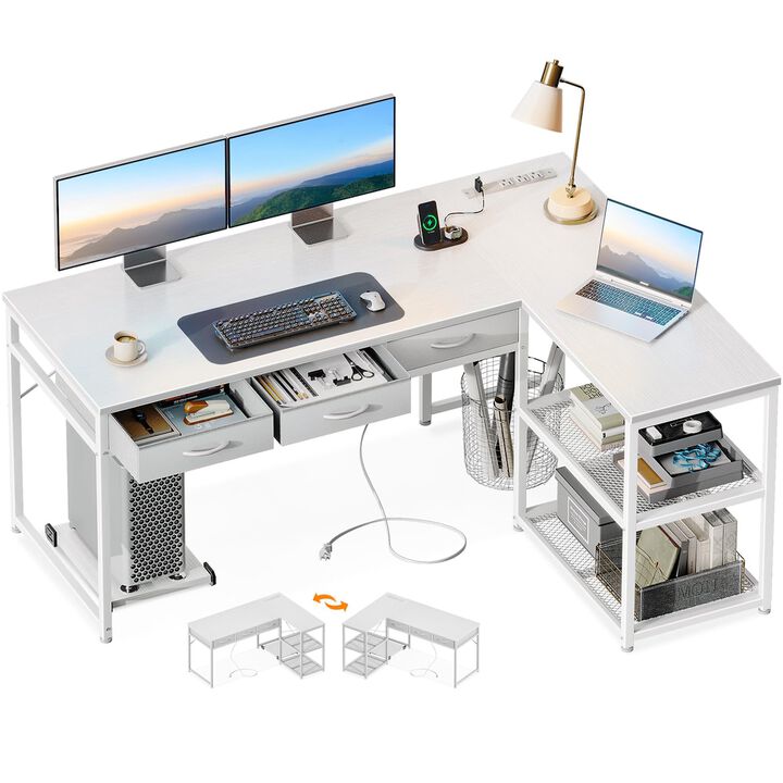 AODK 53 Inch L Shaped Computer Desk with Drawers, Corner Desk with Power Outlets & Reversible Storage Shelves, Movable CPU Stand
