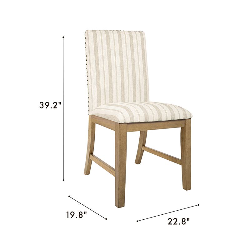 Tim Dining Chair Set of 2, Wood Apron, Taupe Cream Striped Polyester