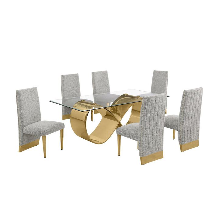 Best Quality Furniture 7Pc Tempered Glass Dining Set 6 Rich Gray Boucle Side Chairs And A Gold Base