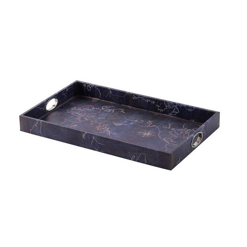 25 Inch Set of 2 Rectangular Decorative Trays, Gold Map Design, Deep Blue - Benzara