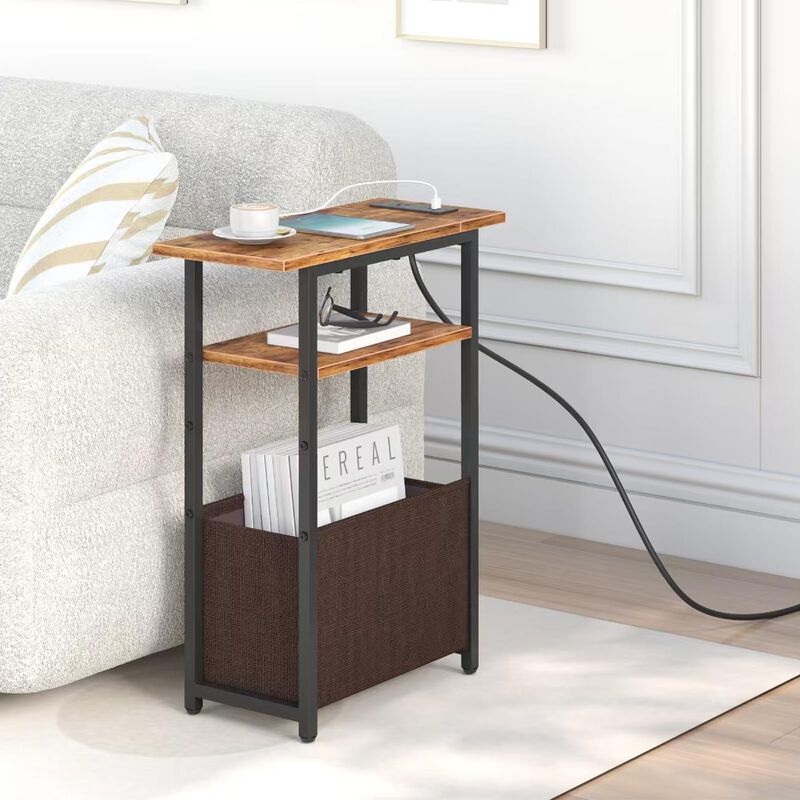 sthmec Narrow Side Table with Charging Station Set of 2, Small End Table for Small Spaces, Skinny Nightstands Set 2 with Storage