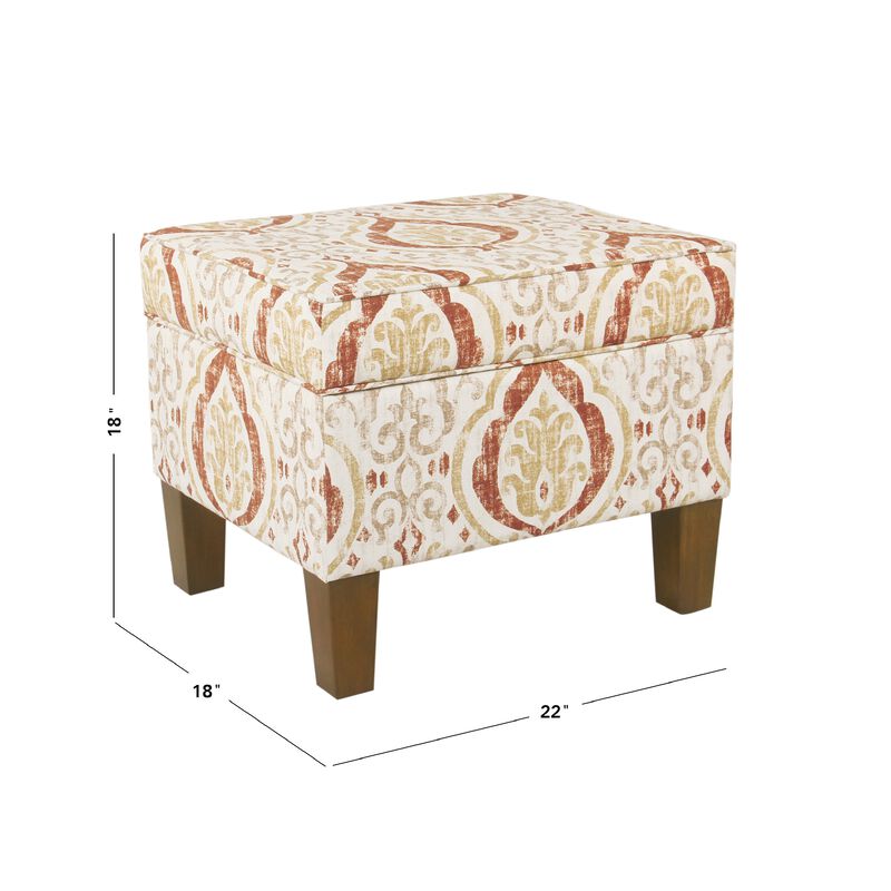Ishi Accent Storage Ottoman, 22 Inch Orange and Beige Paisley Design - Benzara
