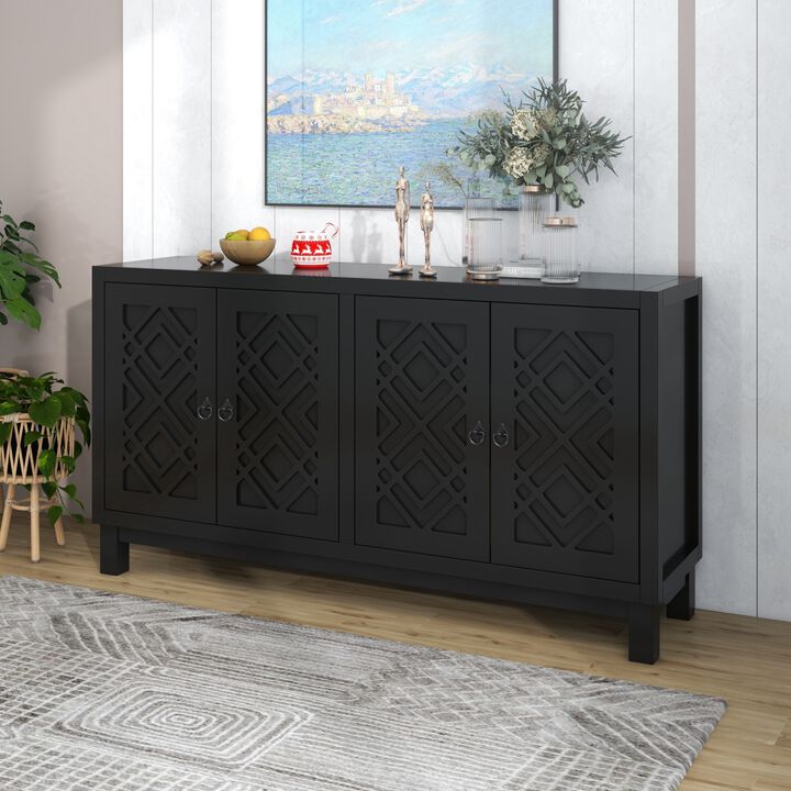 Large Storage Space Sideboard, 4 Door Buffet Cabinet with Pull Ring Handles for Living Room, Dining Room (Black)