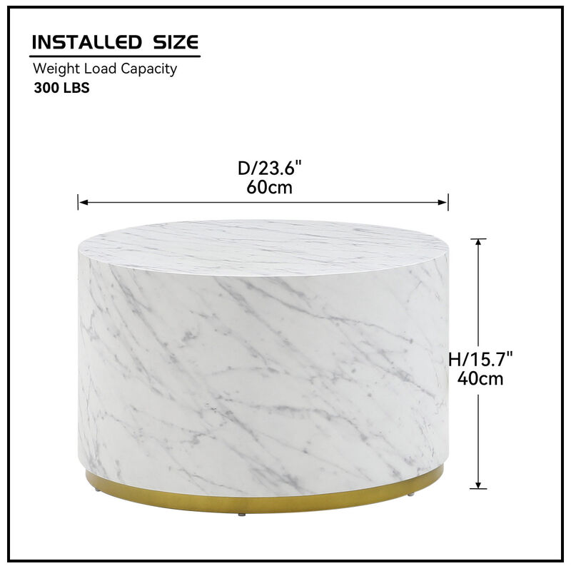 White Marble Pattern Cocktail Table MDF with Gold Metal Base 23.62inch