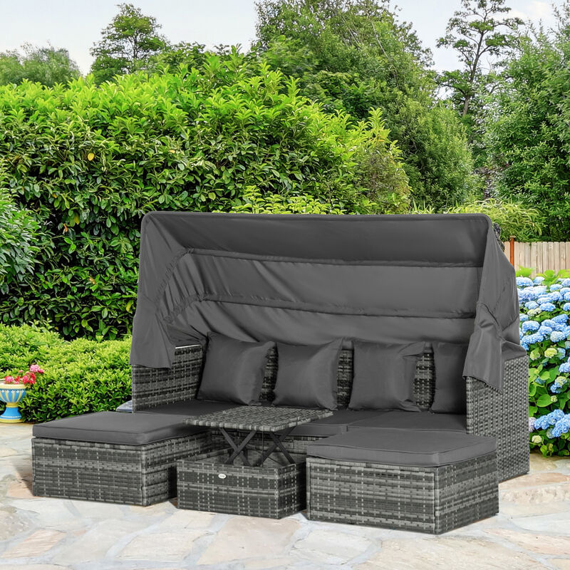 Outsunny 4 Piece Adjustable Canopy Outdoor Rattan Sofa Set Patio Furniture Wicker Sets with Height Adjustable Coffee Table & Cushions Gray