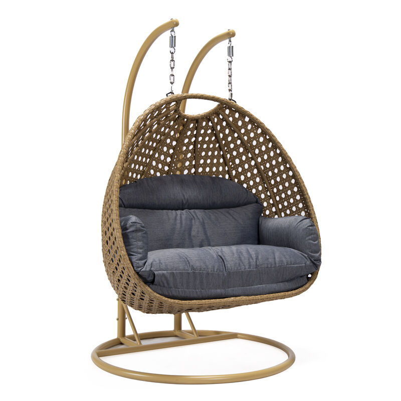 LeisureMod Mendoza Light Brown Wicker Hanging 2 person Egg Swing Chair Removable Cushion With Iron Base