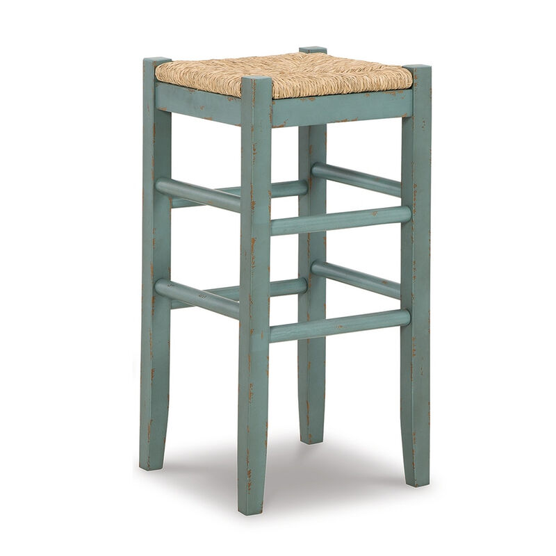 Anya Bar Height Stool Set of 2, Brown Woven Seat, 30 Inch Rustic Blue - Benzara