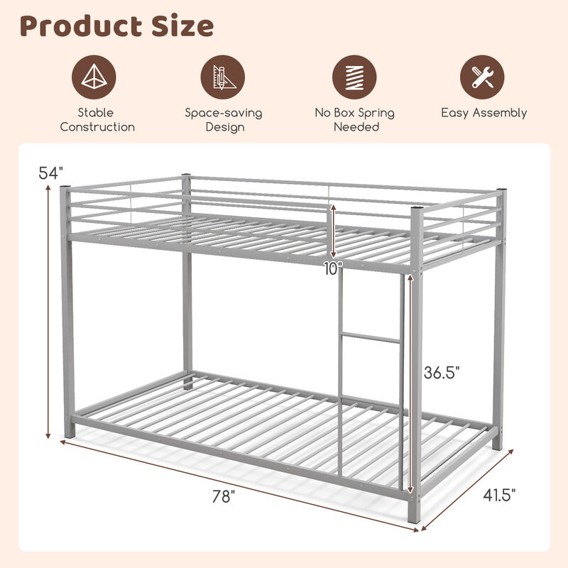 Low Profile Twin Over Twin Metal Bunk Bed with Full-Length Guardrails for Kids Room