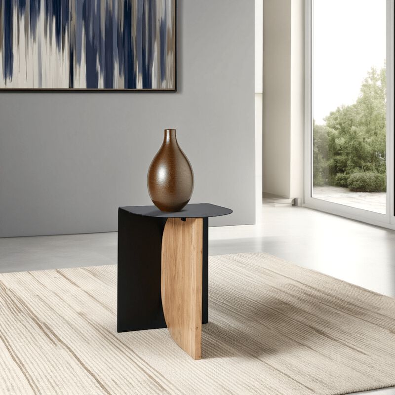 Modern Table, Metal Frame w Solid Wood Base, 16 Inch, Black and Brown