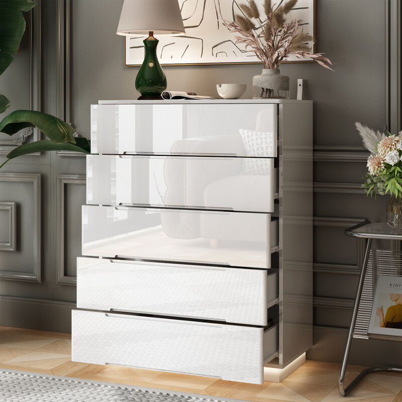 High Gloss White Wood 5-Drawer Chest of Drawers Storage Organizer With LED Lights (31.5 in. W x 42.6 in. H x 15.7 in. D)