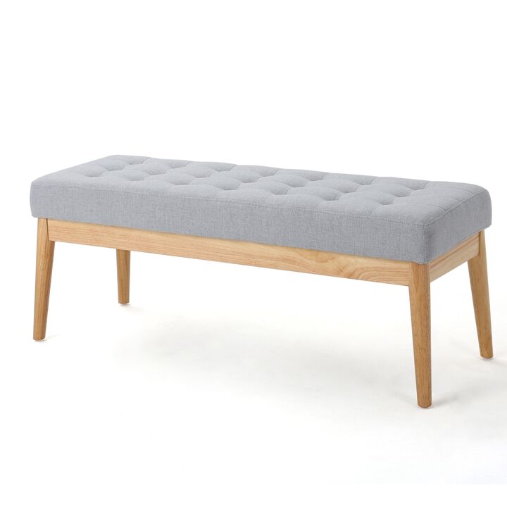 Gisa Ottoman Bench, Light Gray Fabric Tufted Seat, Brown Wood, 44 Inch - Benzara