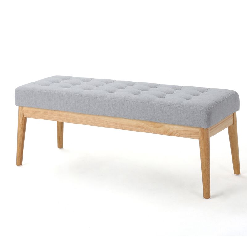 Gisa Ottoman Bench, Light Gray Fabric Tufted Seat, Brown Wood, 44 Inch - Benzara